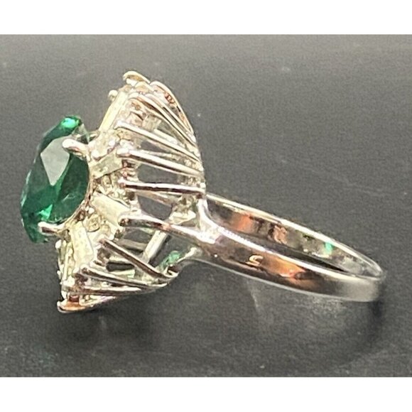 Lab Emerald Ring Caged 18K HGE White Gold Plate Starburst CZ Sz 10 May Bday - Picture 2 of 6